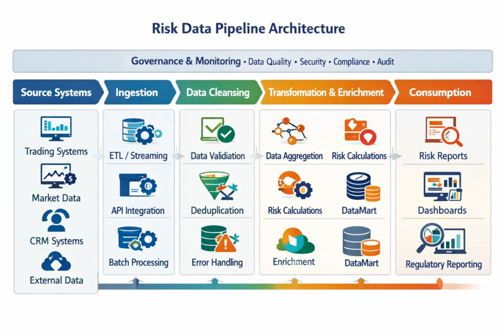 Risk data pipeline architecture diagram showing source systems flowing through ingestion, data cleansing, transformation, storage, and consumption, with governance and monitoring across all layers.