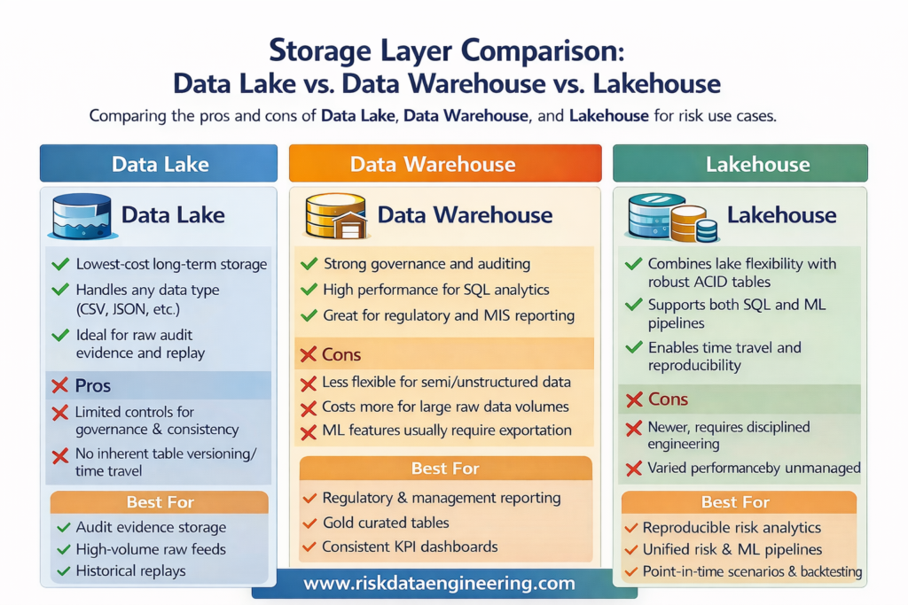 Infographic comparing storage layers—Data Lake vs Data Warehouse vs Lakehouse—showing pros, cons, and best-for risk use cases, with footer text ‘www.riskdataengineering.com’.